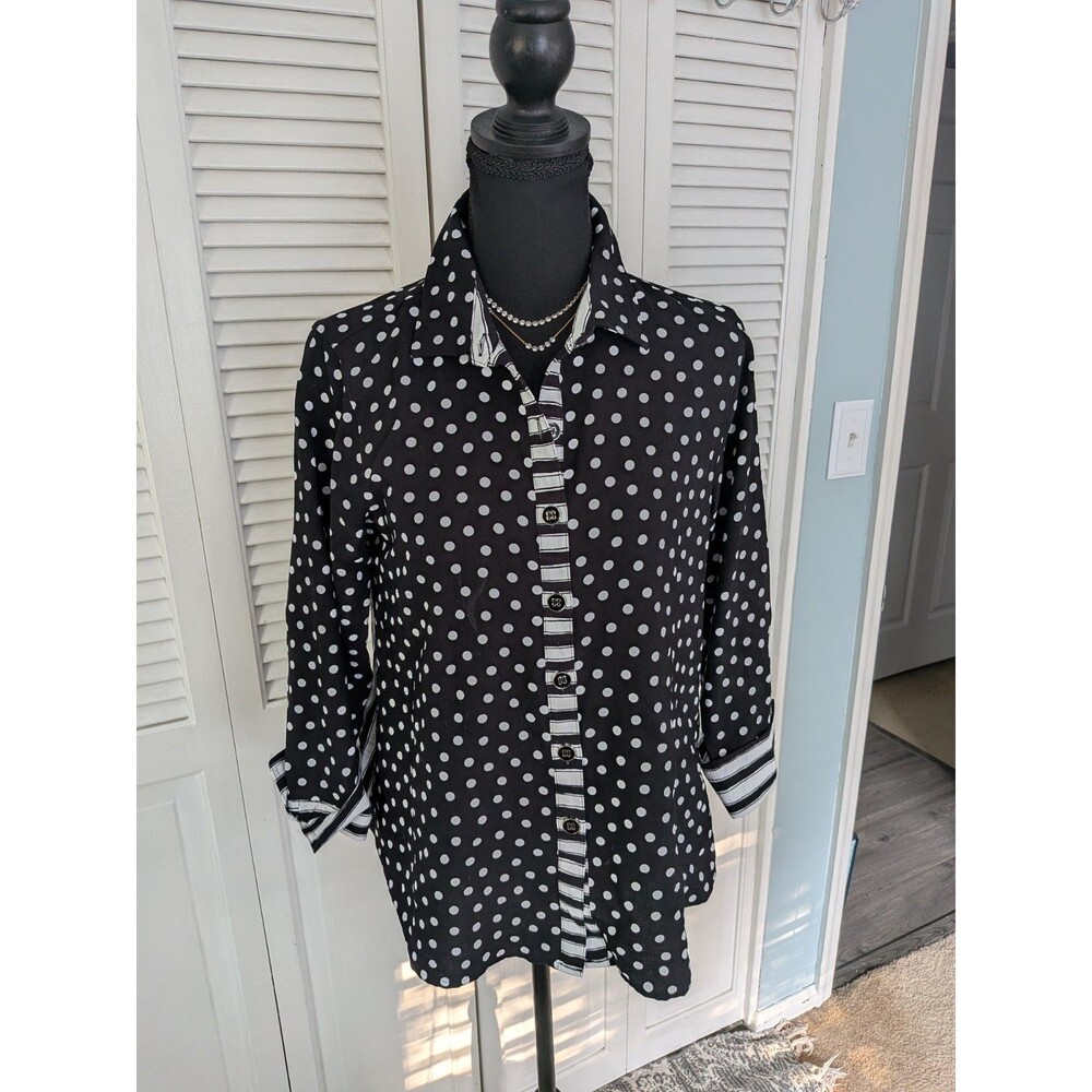 Multiples Shirt Women's PS Black White Striped Polka Dot Button Front Blouse Top